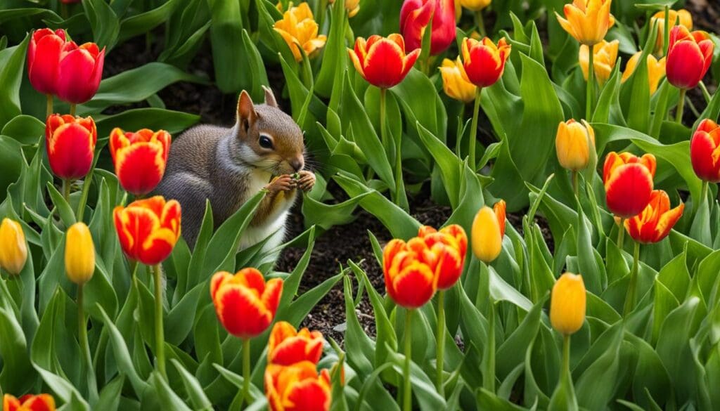 A squirrel eating a tulip bulb surrounded by a beautiful tulip garden.