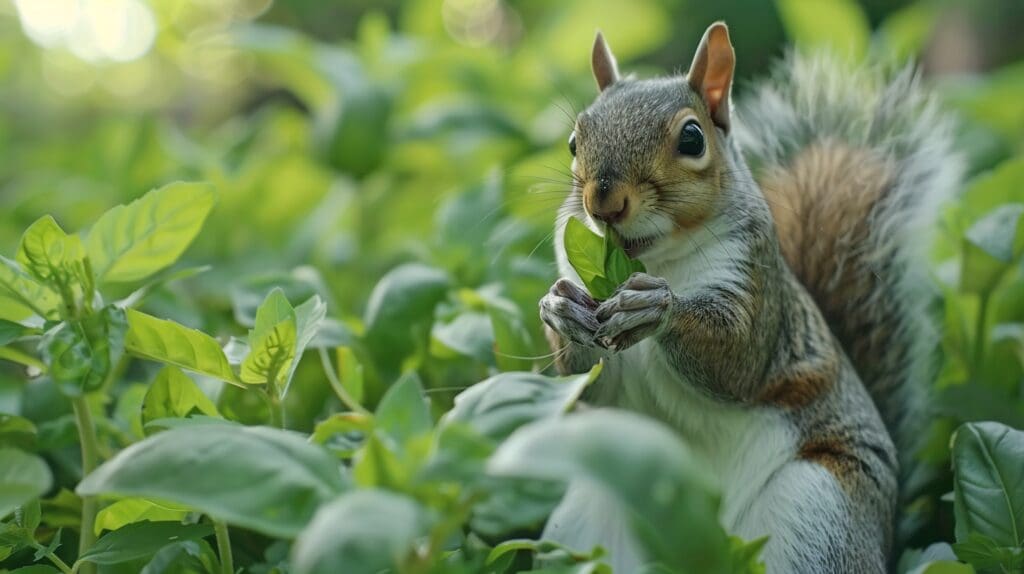 An eastern gray squirrel eating a basil leaf