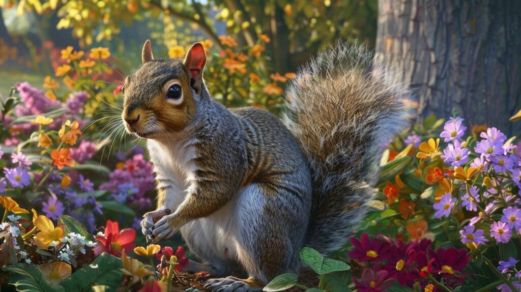 A squirrel in a flower garden highlighting the contribution to our ecosystem.