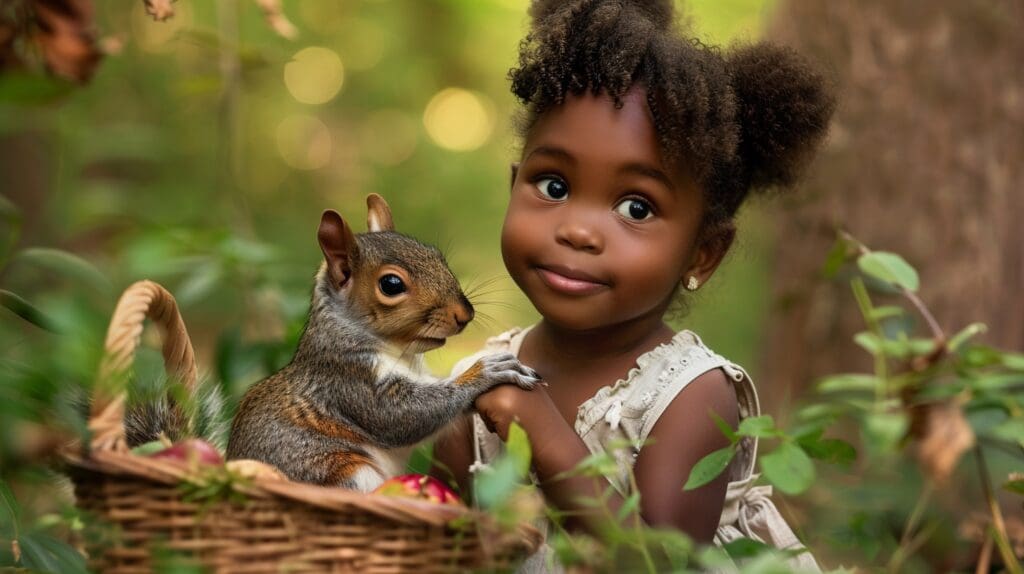 eastern gray squirrel having a picnic with a young girl