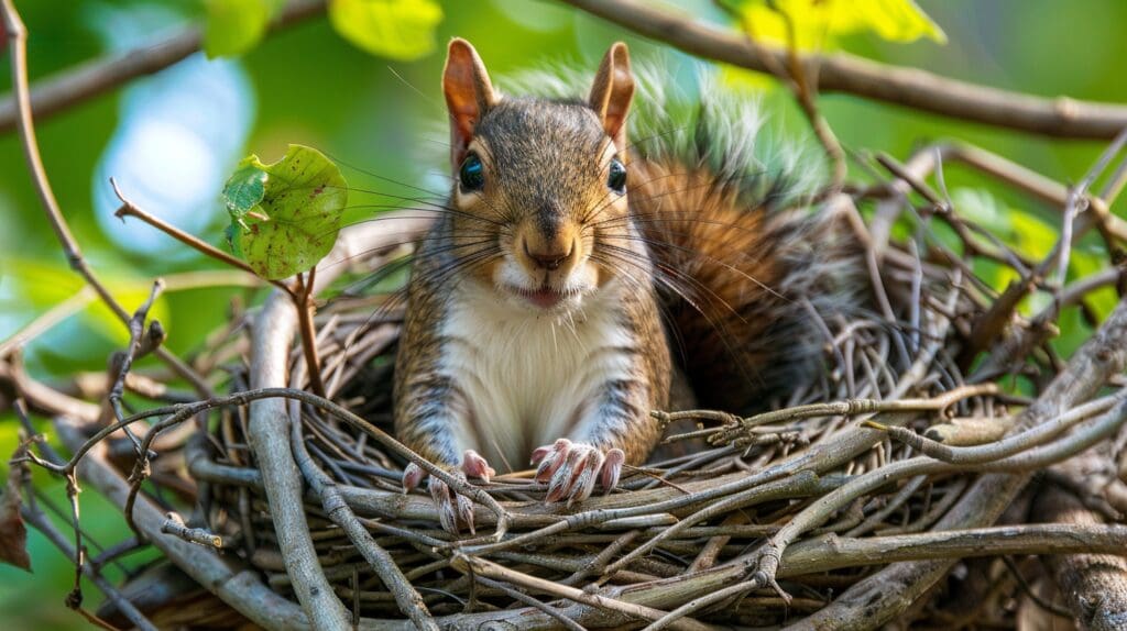 a squirrel sitting in its nest or drey