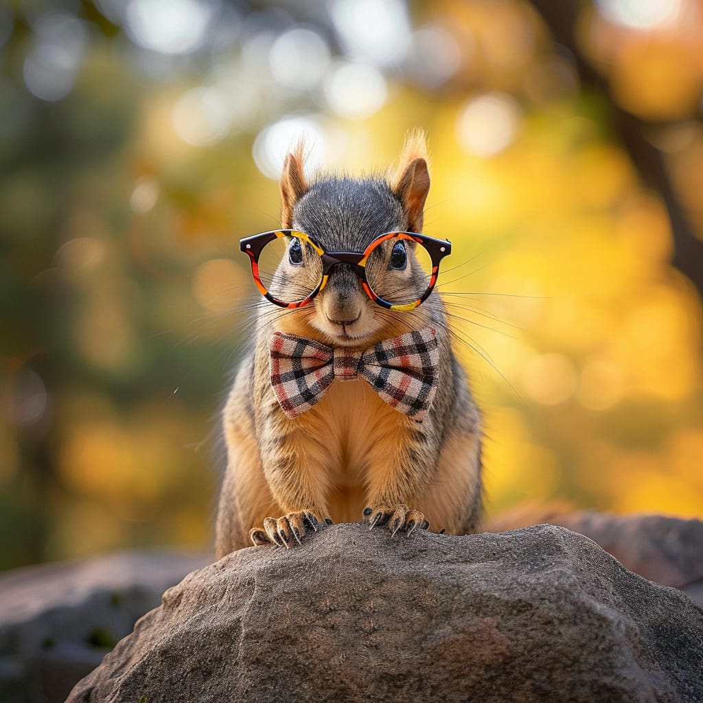 an eastern fox squirrel sitting on a rock wearing a bow tie and glasses representing kitty city squirrels 