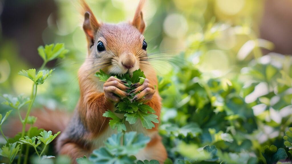 red squirrel eating parsley