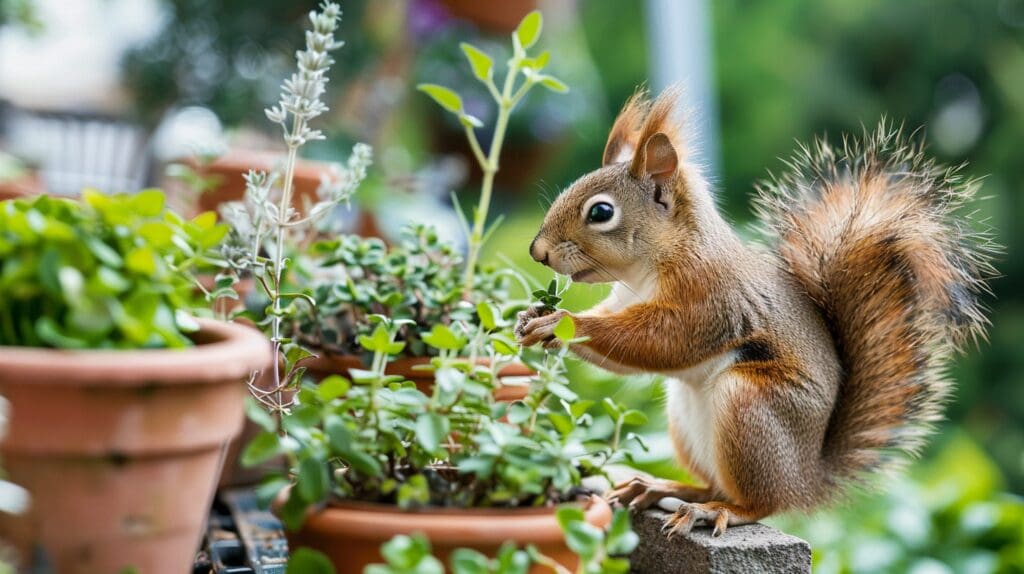 a red squirrel enjoying an herb garden