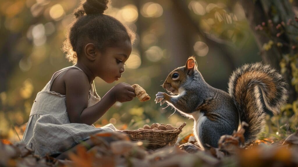 squirrel and girl having a picnic in the forest