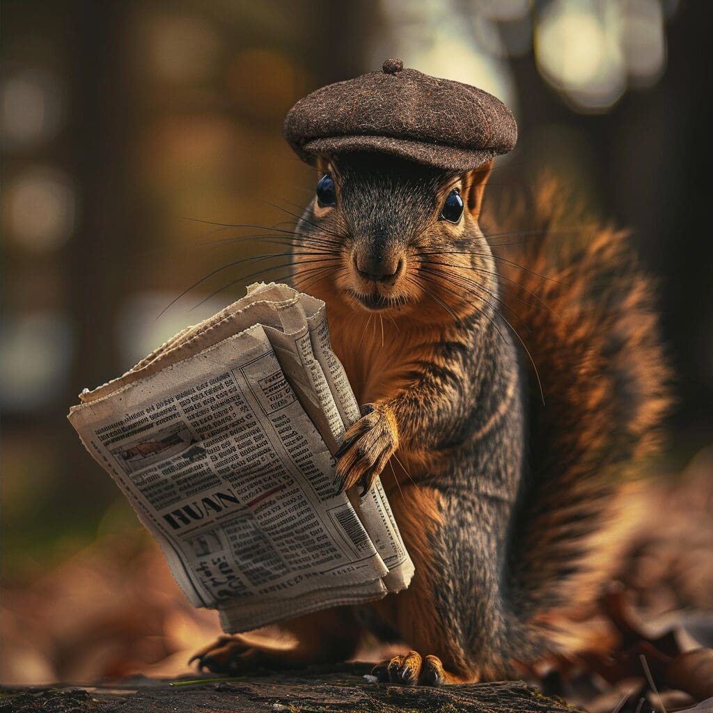 An eastern fox squirrel in the woods wearing a newsboy cap and reading the Squirrel Scoop Insider newsletter