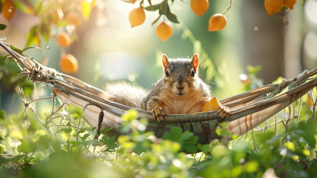 a squirrel in a hammock relaxing in the middle of a garden holding a lemon
