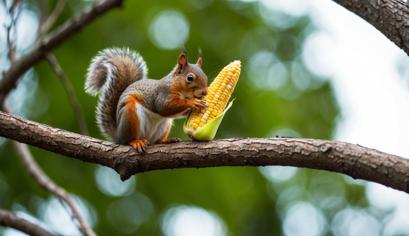 do squirrels eat corn: A squirrel eating a corn cob while perched on a branch