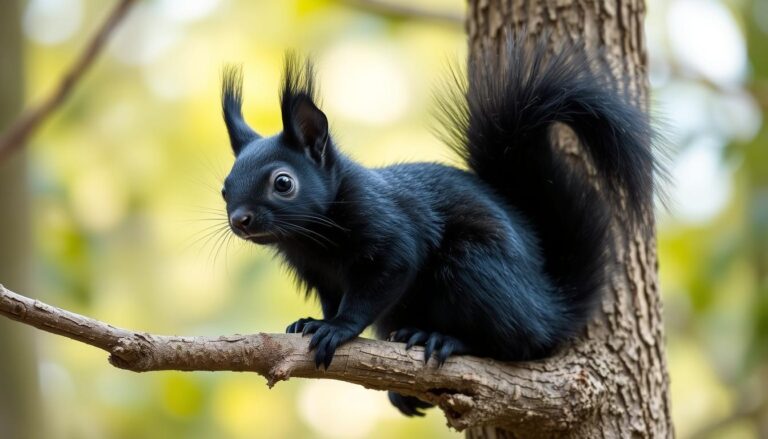 A black fox squirrel perched on a tree branch, displaying its distinctive all-black coat against a natural forest background