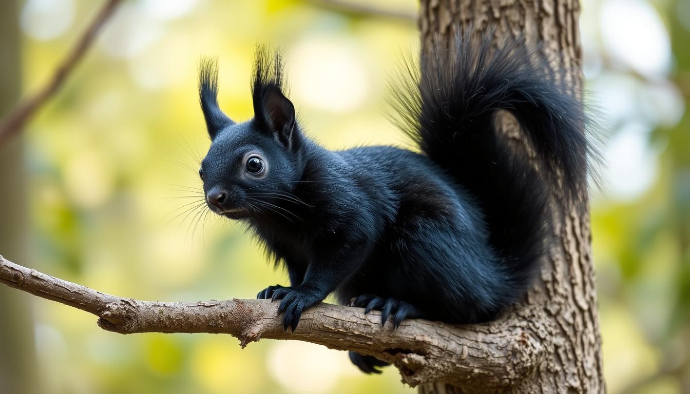 A black fox squirrel perched on a tree branch, displaying its distinctive all-black coat against a natural forest background